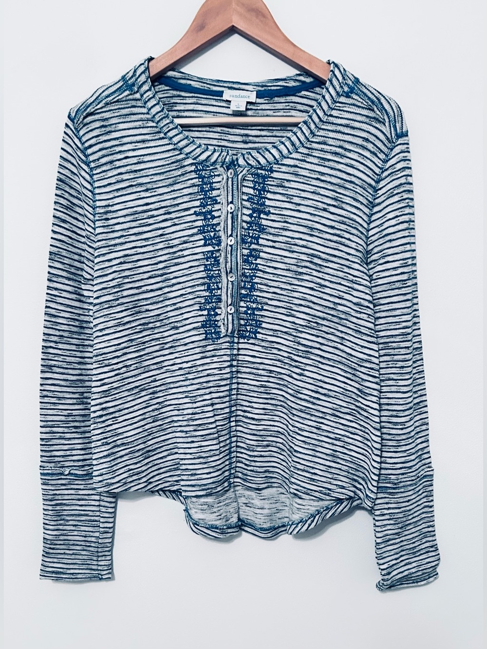 Sundance Cabin Cozy Up Henley Striped Embroidered Thermal Top Gray/ Teal, Large